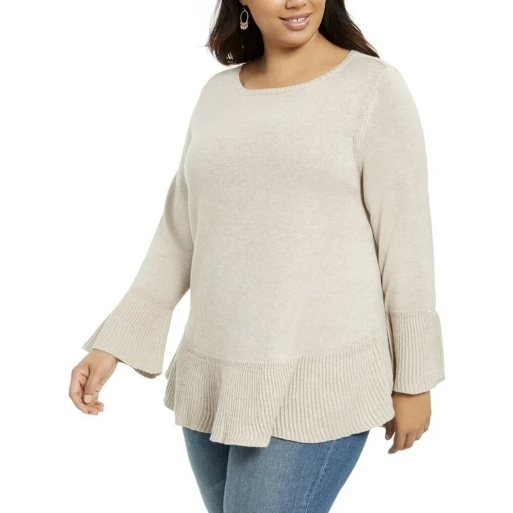Style & Co. Beige Ribbed Ruffle Hem and Cuffs Pullover Tunic Sweater